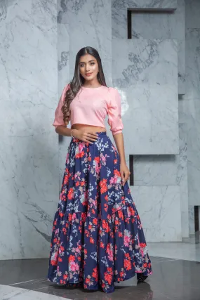 Readymade Navy Blue Printed Crepe Indo Western Skirt With Pink Crop Top