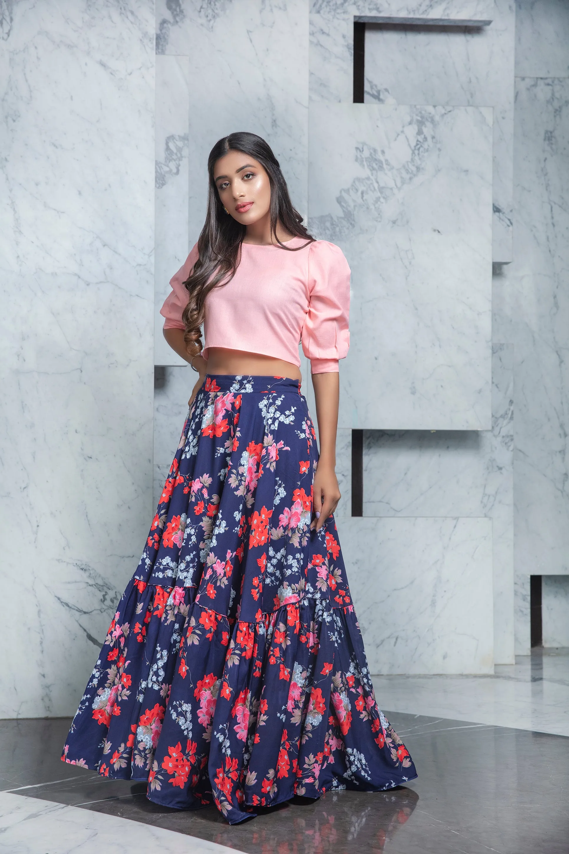 Readymade Navy Blue Printed Crepe Indo Western Skirt With Pink Crop Top