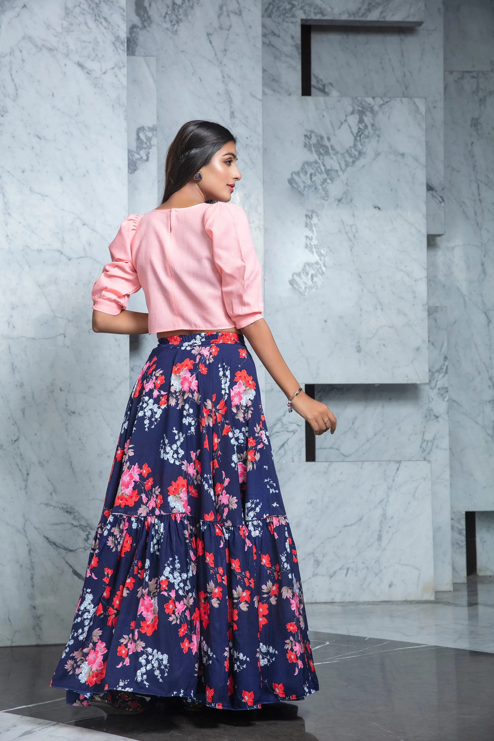 Readymade Navy Blue Printed Crepe Indo Western Skirt With Pink Crop Top
