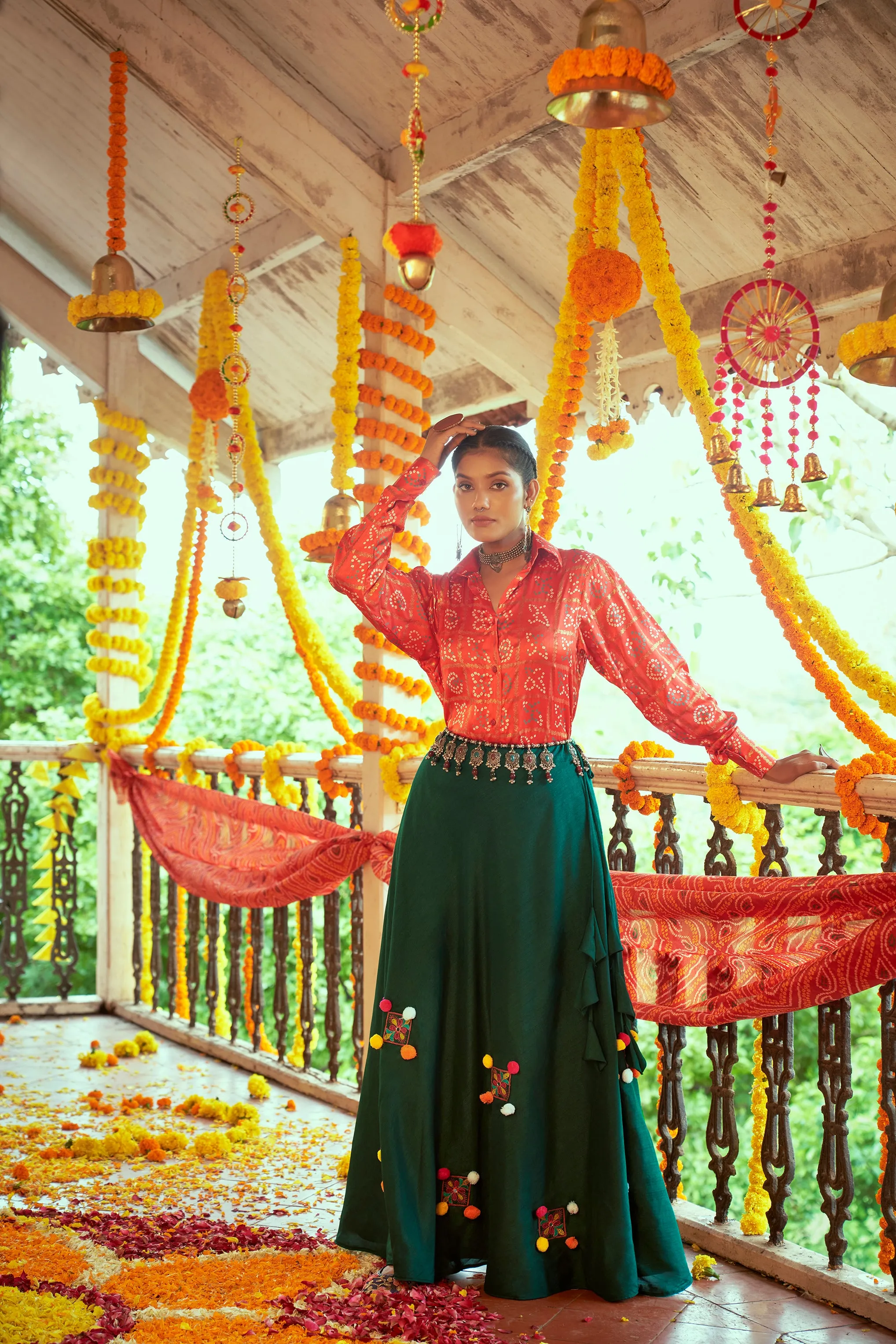 Red With Green Color Navratri Special Ready To Wear Crop top Lehenga