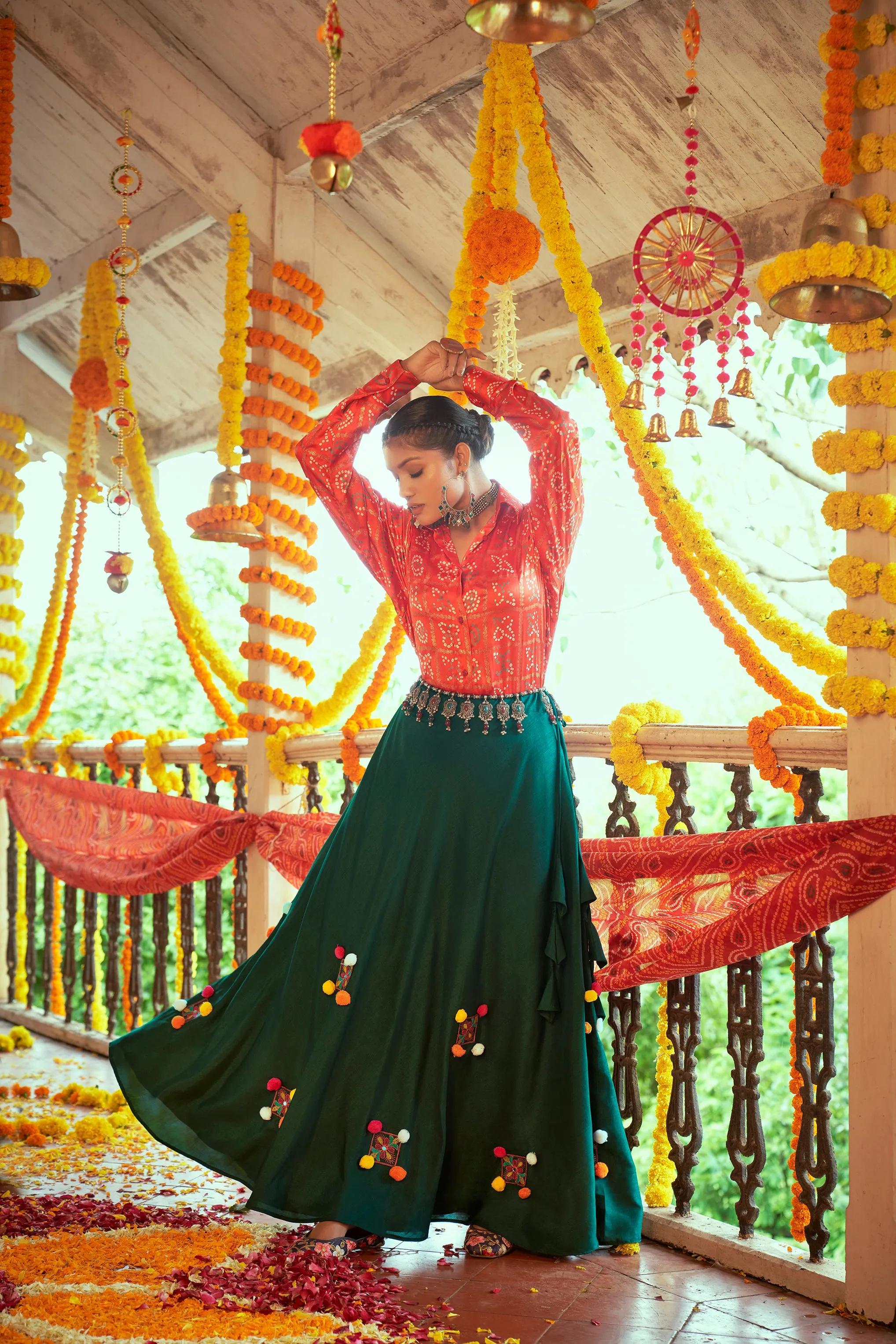Red With Green Color Navratri Special Ready To Wear Crop top Lehenga