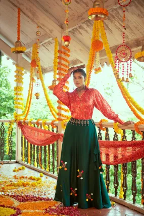 Red With Green Color Navratri Special Ready To Wear Crop top Lehenga