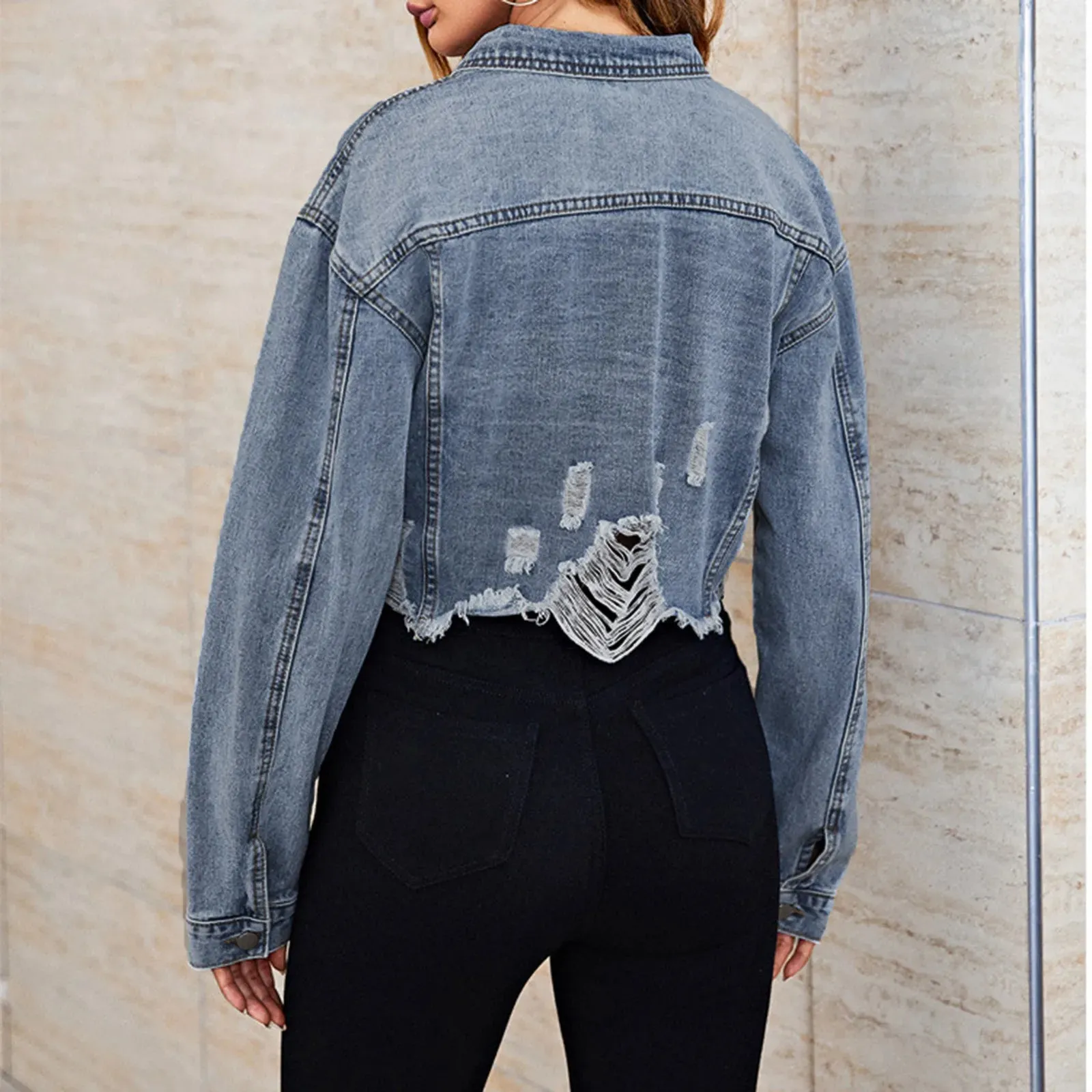 Ripped Hem Long Sleeve Single Breasted Lapel Jacket with Pockets