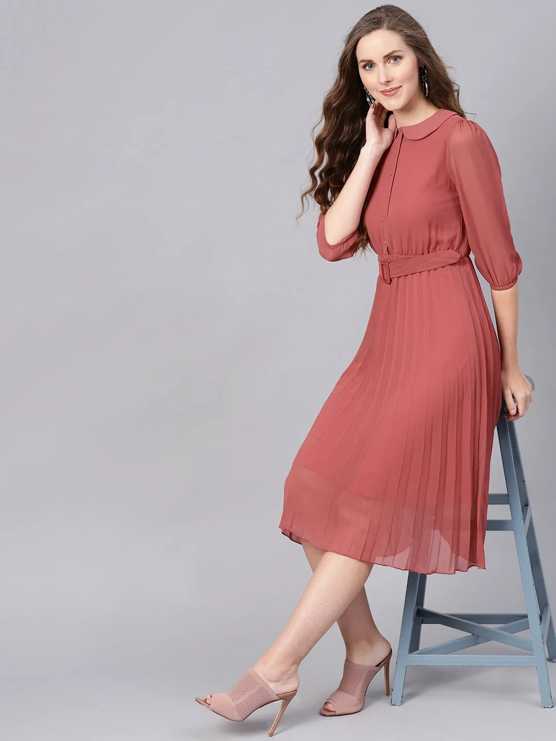 Rose Pink Peterpan Belted Pleated Midi Dress