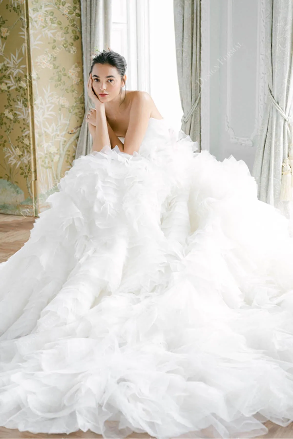 Ruched Sweetheart Satin Custom Ruffled Tulle Ball Gown Wedding Dress