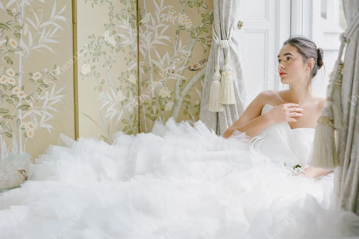 Ruched Sweetheart Satin Custom Ruffled Tulle Ball Gown Wedding Dress