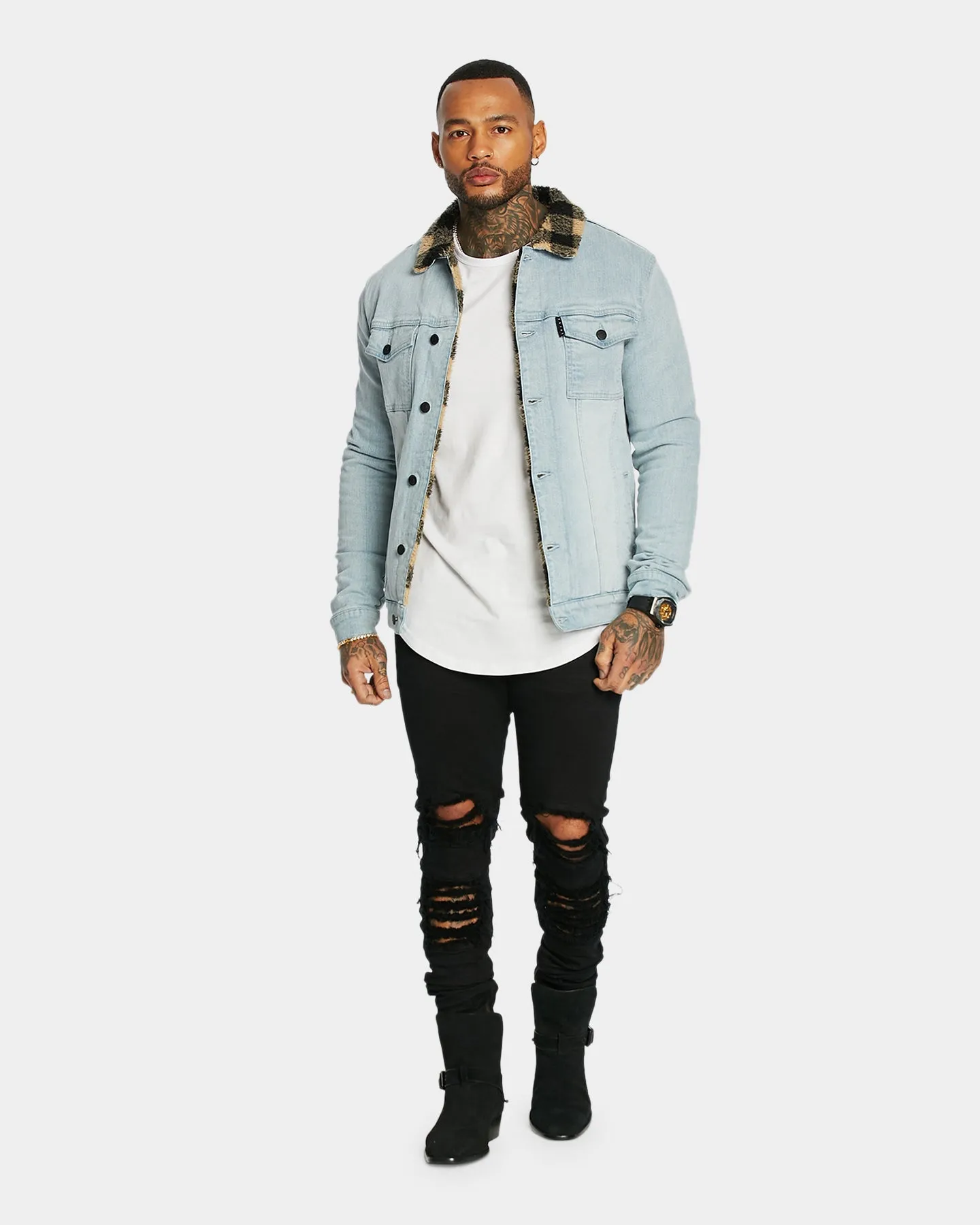 Saint Morta Men's Tartan Sherpa Denim Jacket Light Blue/Tan