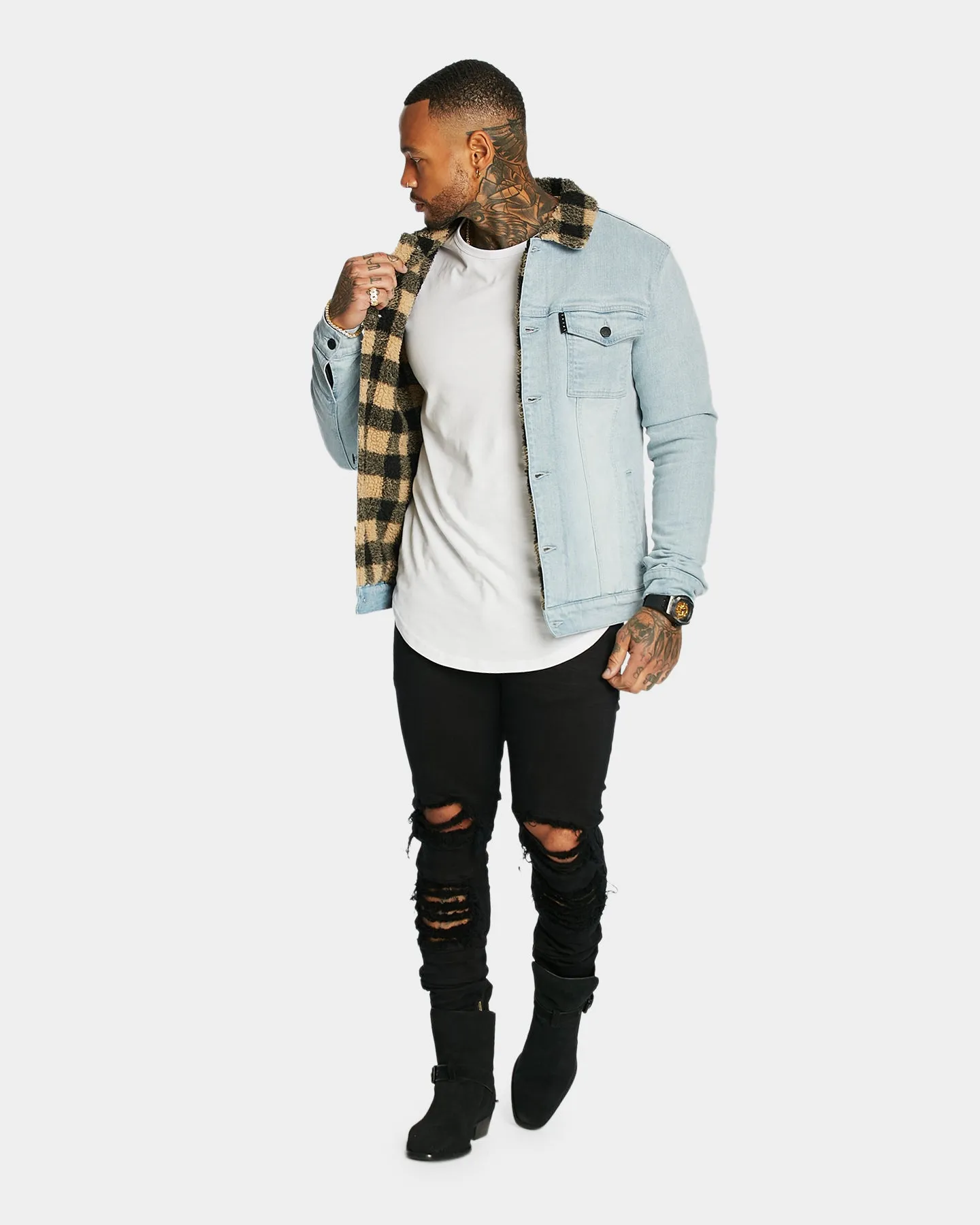 Saint Morta Men's Tartan Sherpa Denim Jacket Light Blue/Tan