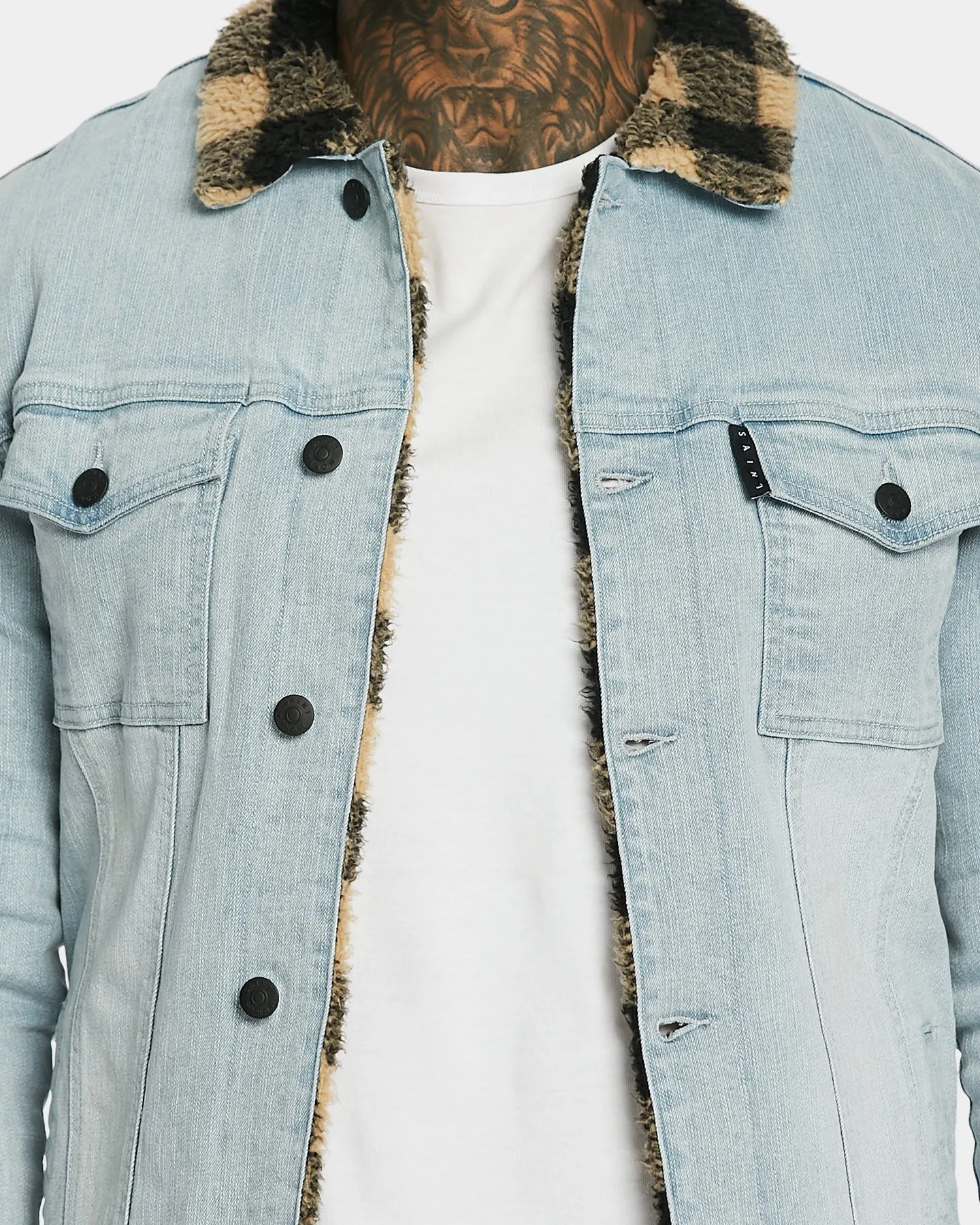 Saint Morta Men's Tartan Sherpa Denim Jacket Light Blue/Tan