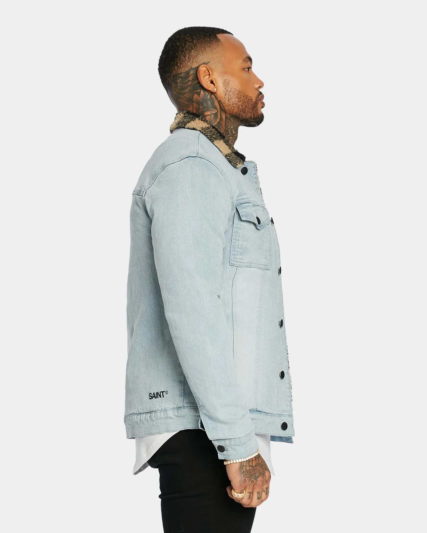 Saint Morta Men's Tartan Sherpa Denim Jacket Light Blue/Tan