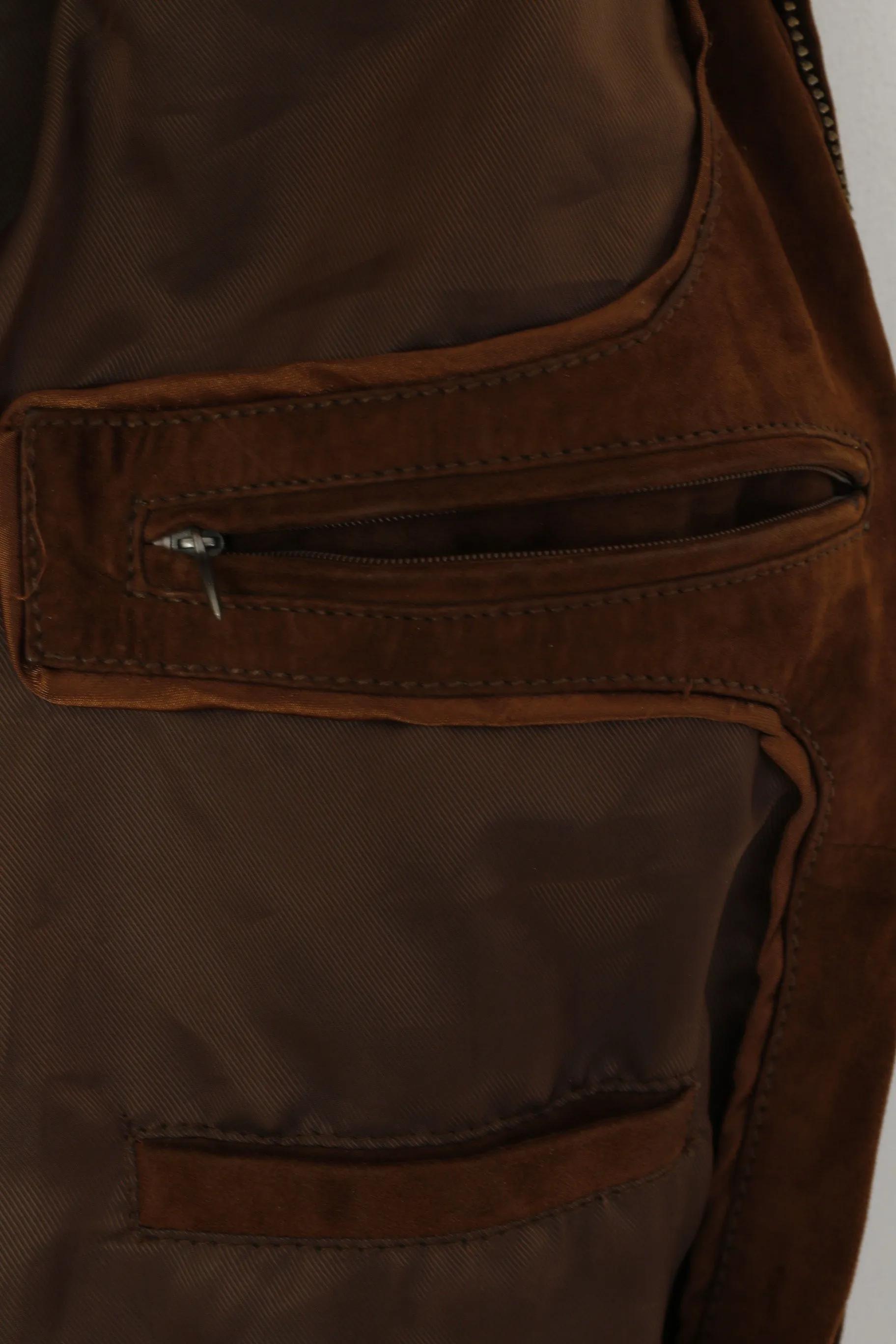 Saki Men 52 L Bomber Jacket Brown Suede Leather Full Zipp Retro Biker Top