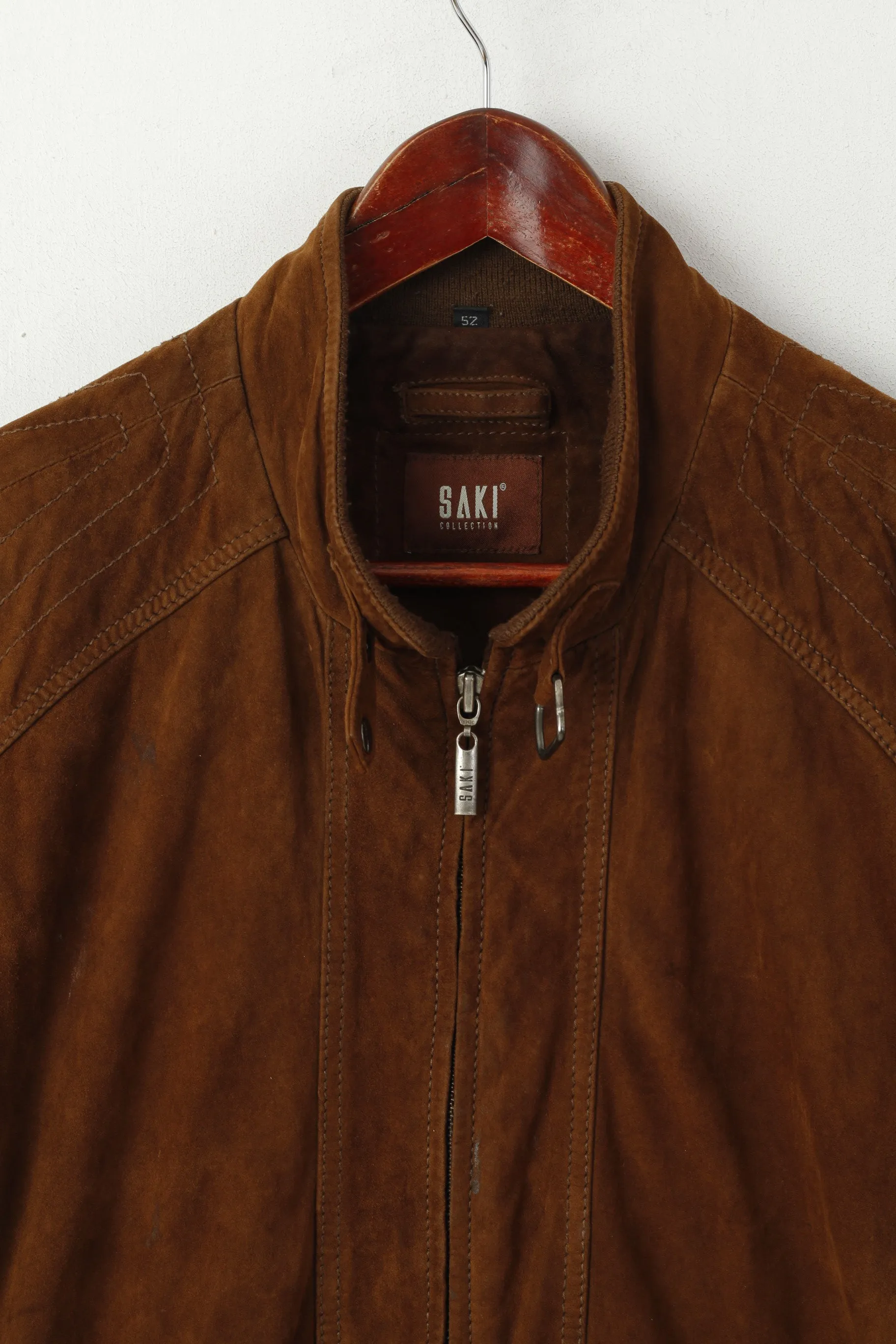 Saki Men 52 L Bomber Jacket Brown Suede Leather Full Zipp Retro Biker Top