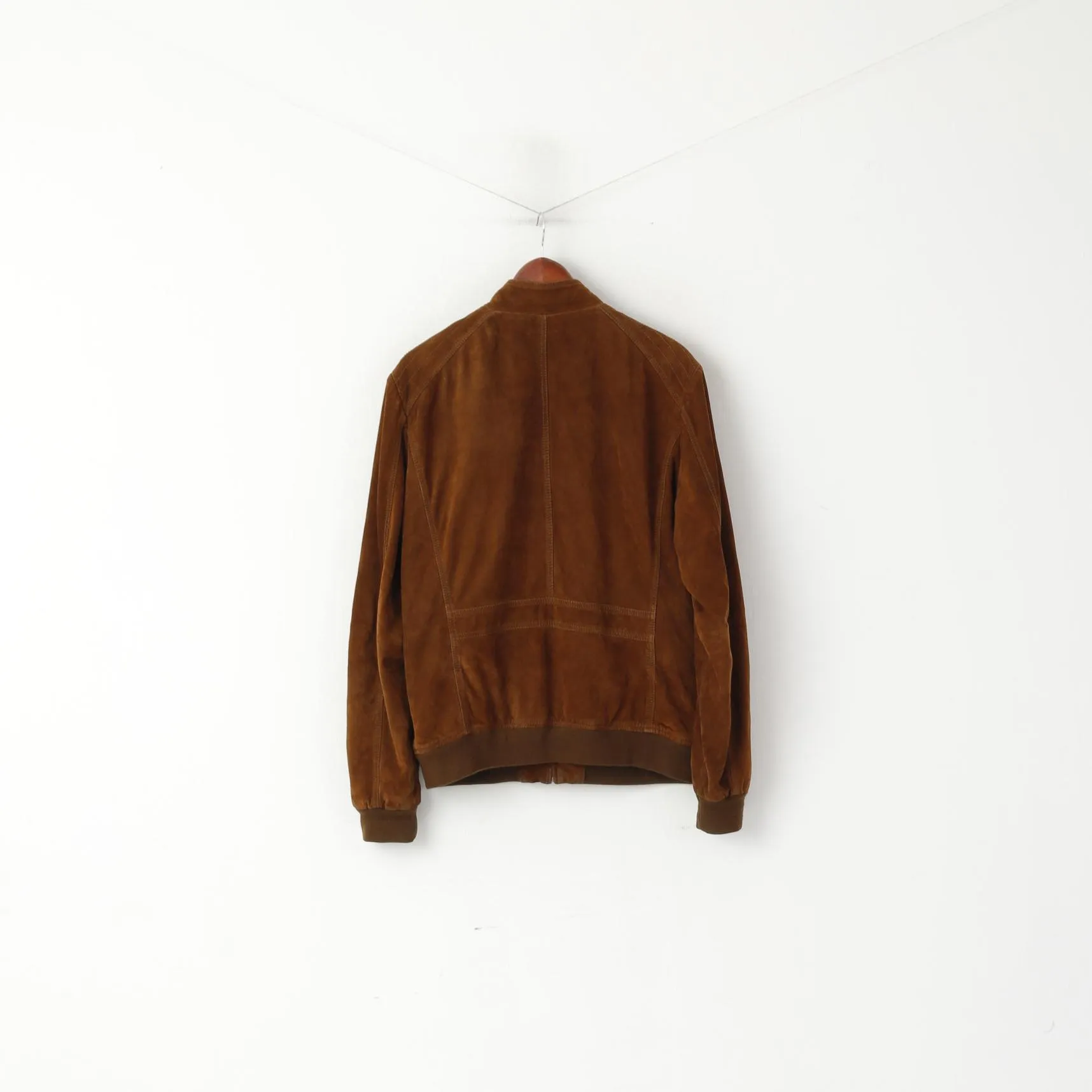 Saki Men 52 L Bomber Jacket Brown Suede Leather Full Zipp Retro Biker Top