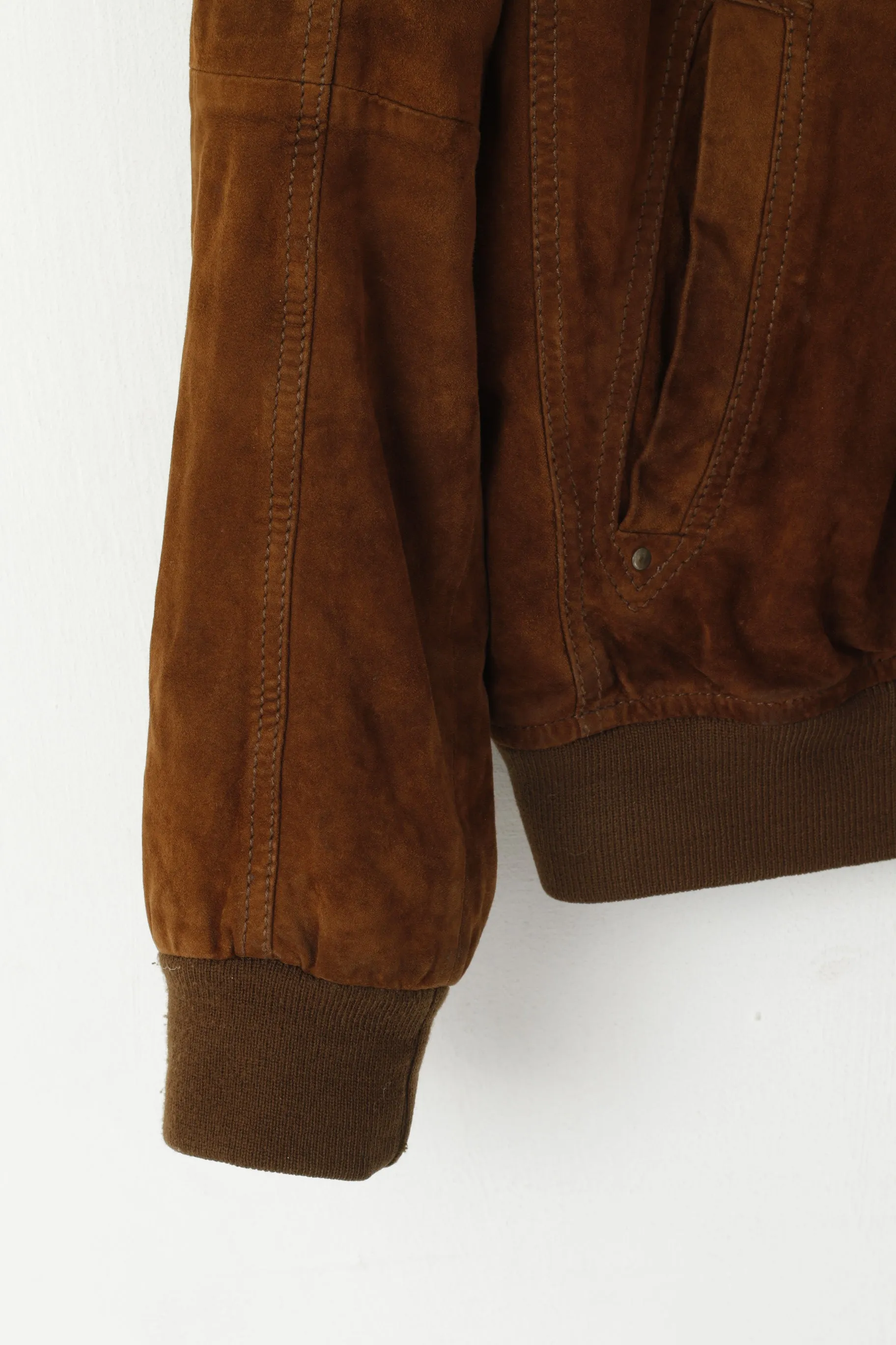 Saki Men 52 L Bomber Jacket Brown Suede Leather Full Zipp Retro Biker Top