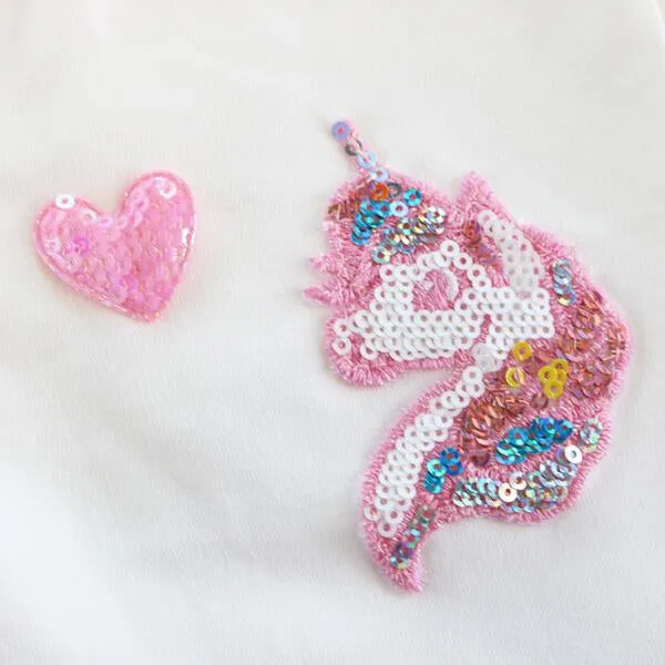 Sequin Unicorn Patch Pants - White