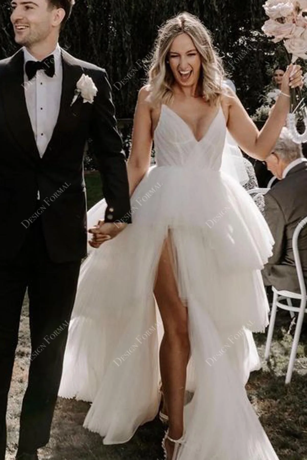 Sexy Slit Tiered Pleated Tulle A-line Custom V-neck Thin Strap Wedding Dress