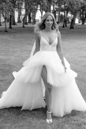 Sexy Slit Tiered Pleated Tulle A-line Custom V-neck Thin Strap Wedding Dress
