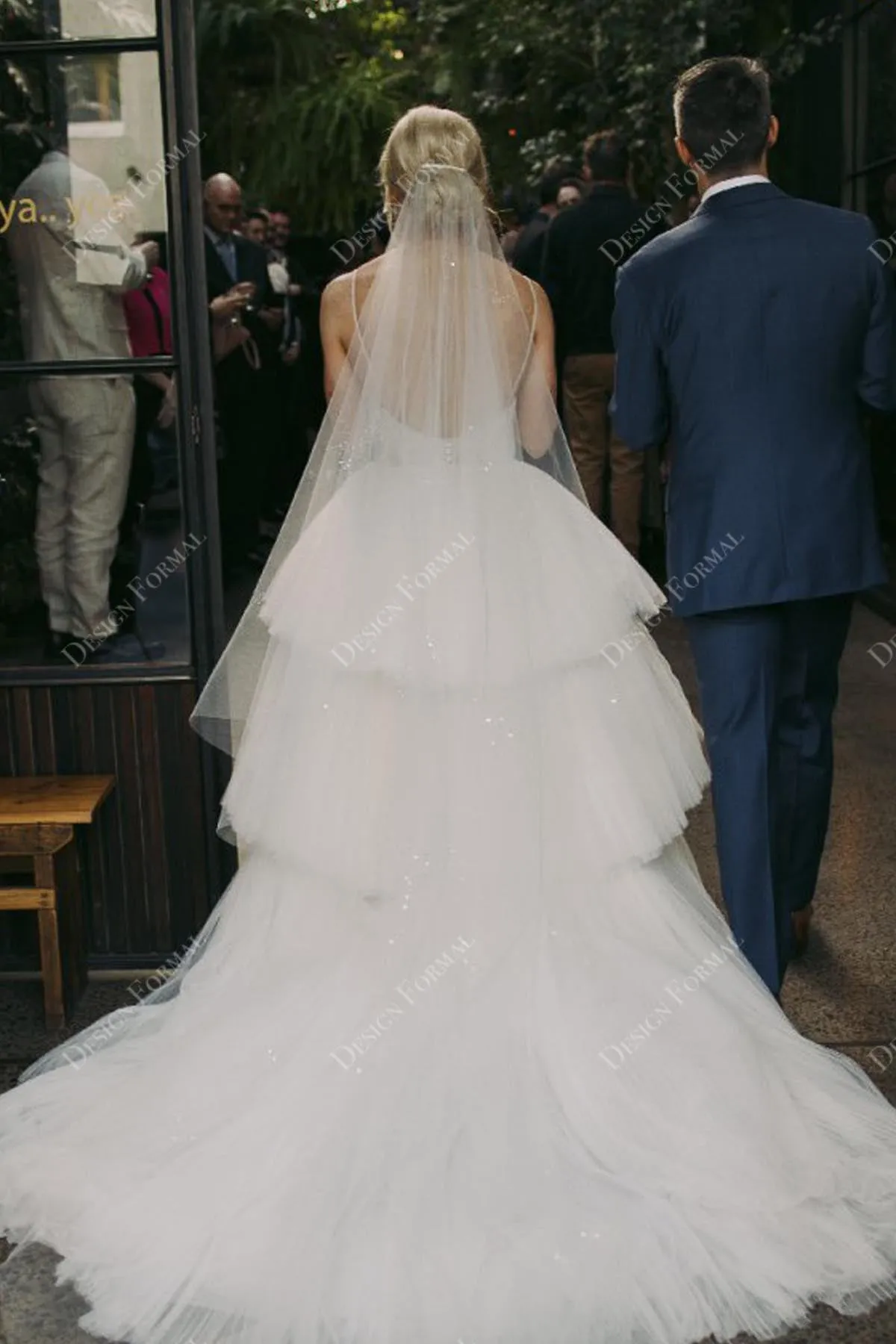 Sexy Slit Tiered Pleated Tulle A-line Custom V-neck Thin Strap Wedding Dress