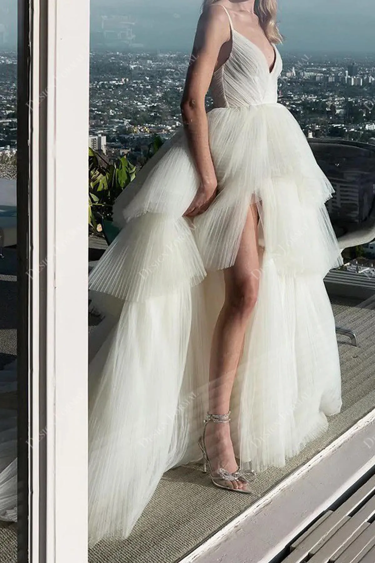 Sexy Slit Tiered Pleated Tulle A-line Custom V-neck Thin Strap Wedding Dress