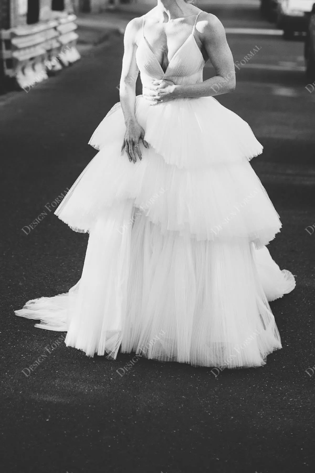 Sexy Slit Tiered Pleated Tulle A-line Custom V-neck Thin Strap Wedding Dress
