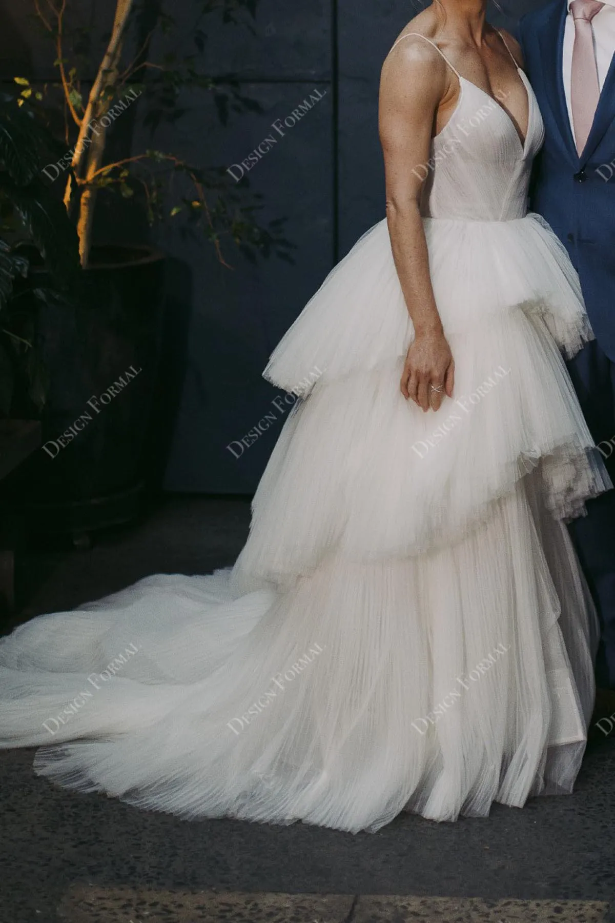 Sexy Slit Tiered Pleated Tulle A-line Custom V-neck Thin Strap Wedding Dress
