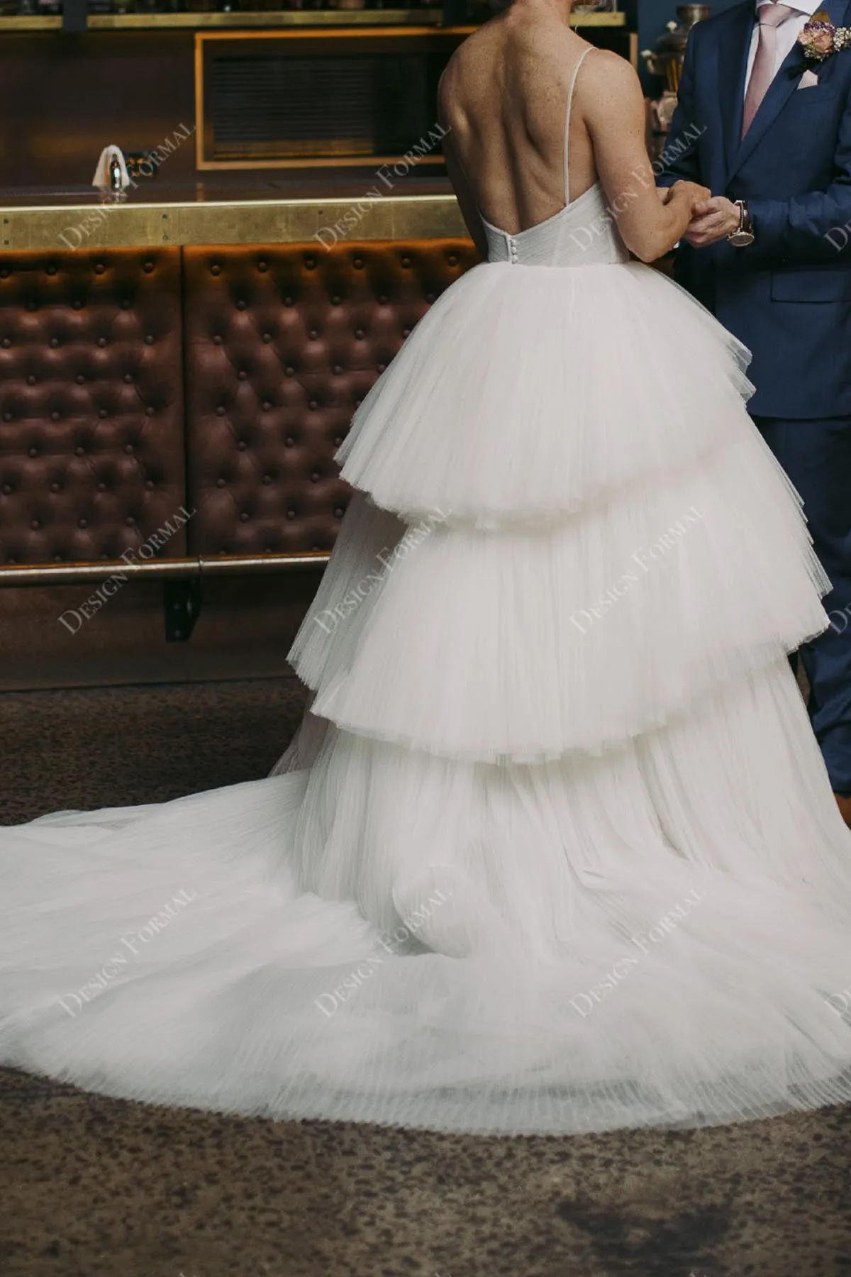 Sexy Slit Tiered Pleated Tulle A-line Custom V-neck Thin Strap Wedding Dress