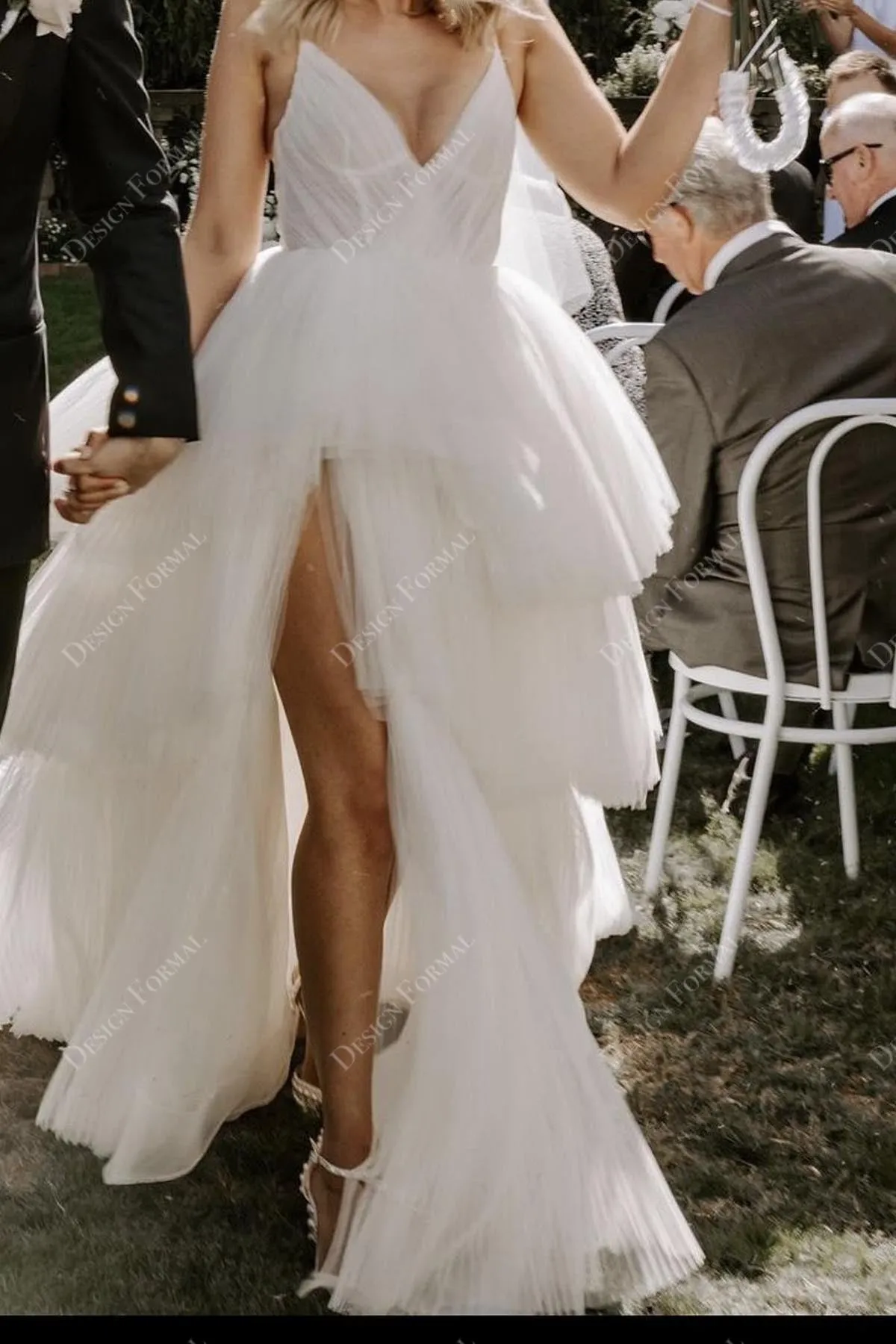 Sexy Slit Tiered Pleated Tulle A-line Custom V-neck Thin Strap Wedding Dress