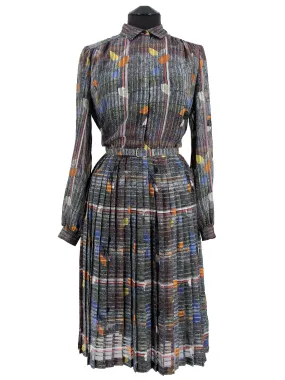 Sheer Sleeve Leaf Print Vintage Dress
