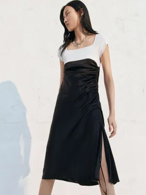 Silk Contrast Drawstring Dress