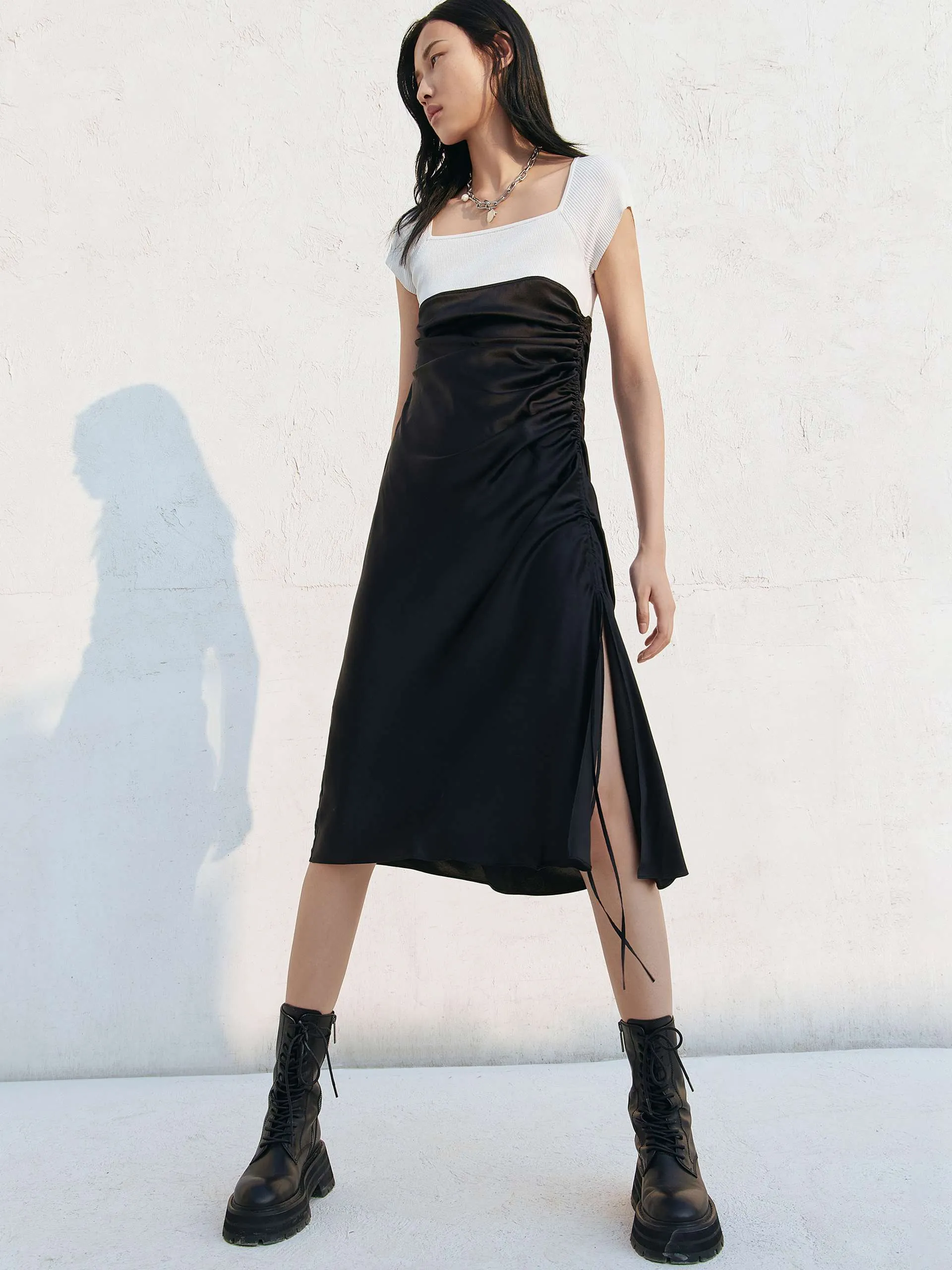 Silk Contrast Drawstring Dress