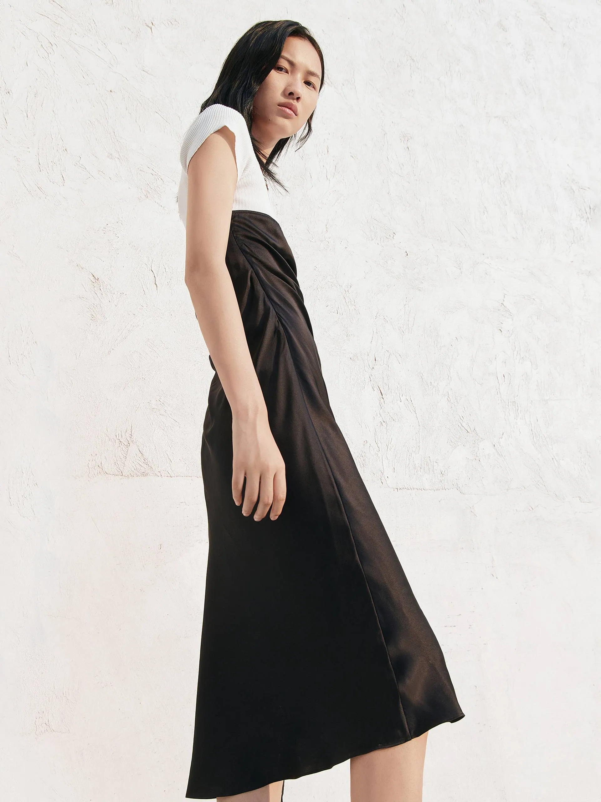 Silk Contrast Drawstring Dress