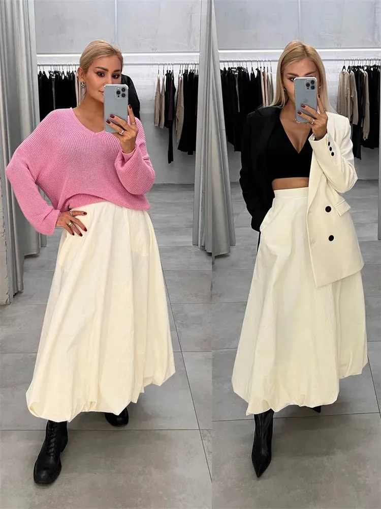 Silk Satin White Maxi Skirt Long Ruffled Pleated Skirts Elegant Lantern Pants A-Line Silk Long Skirts For Women New
