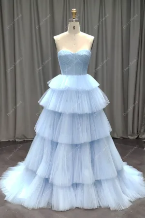 Sky Blue Tiered Pleated Tulle Elegant Corset Long Dress