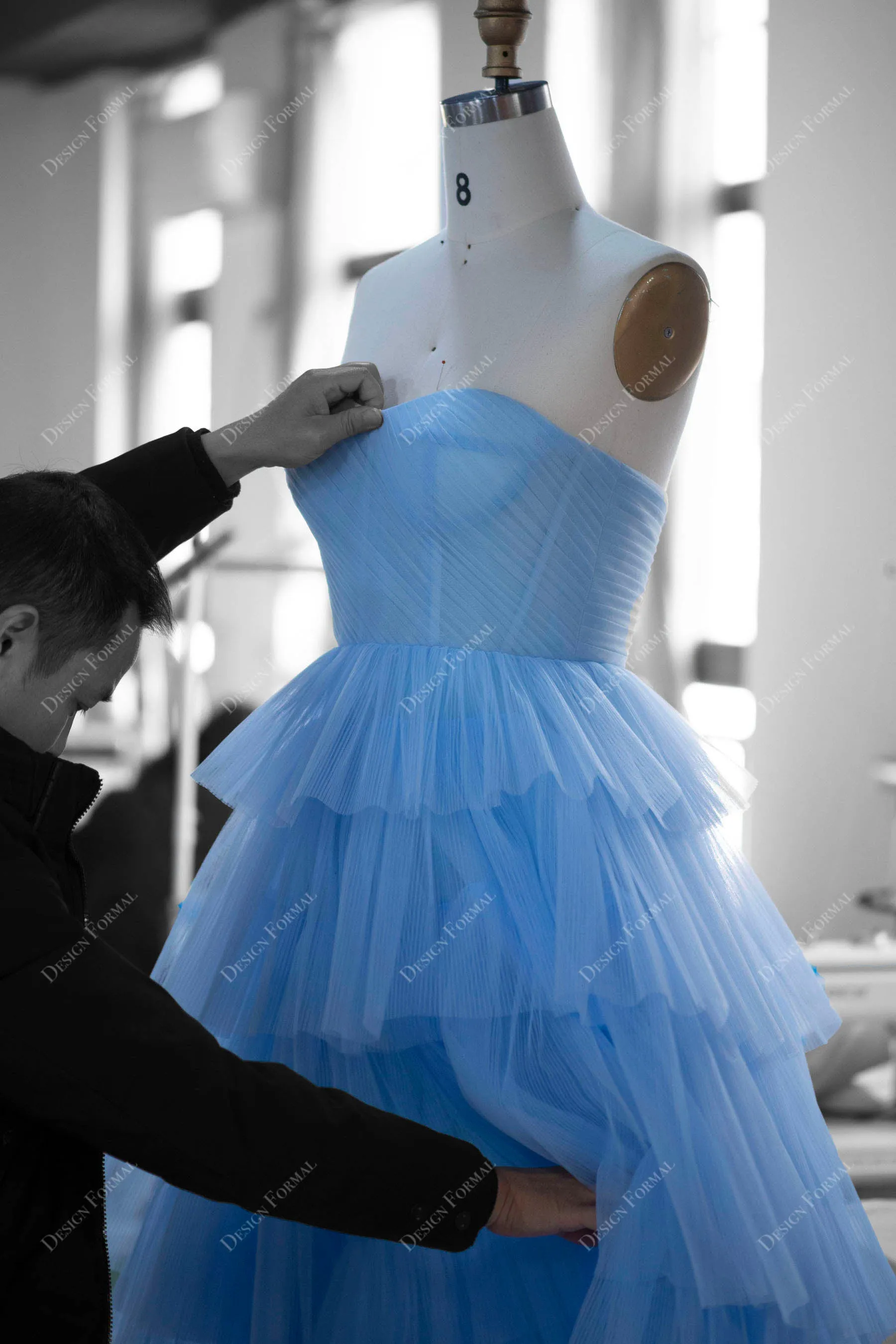 Sky Blue Tiered Pleated Tulle Elegant Corset Long Dress