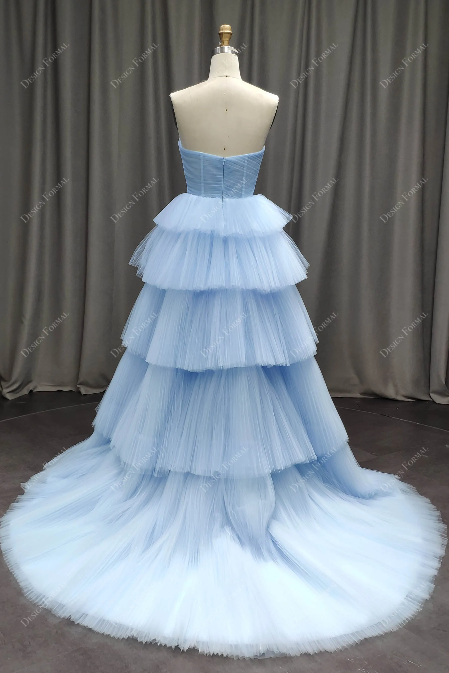 Sky Blue Tiered Pleated Tulle Elegant Corset Long Dress
