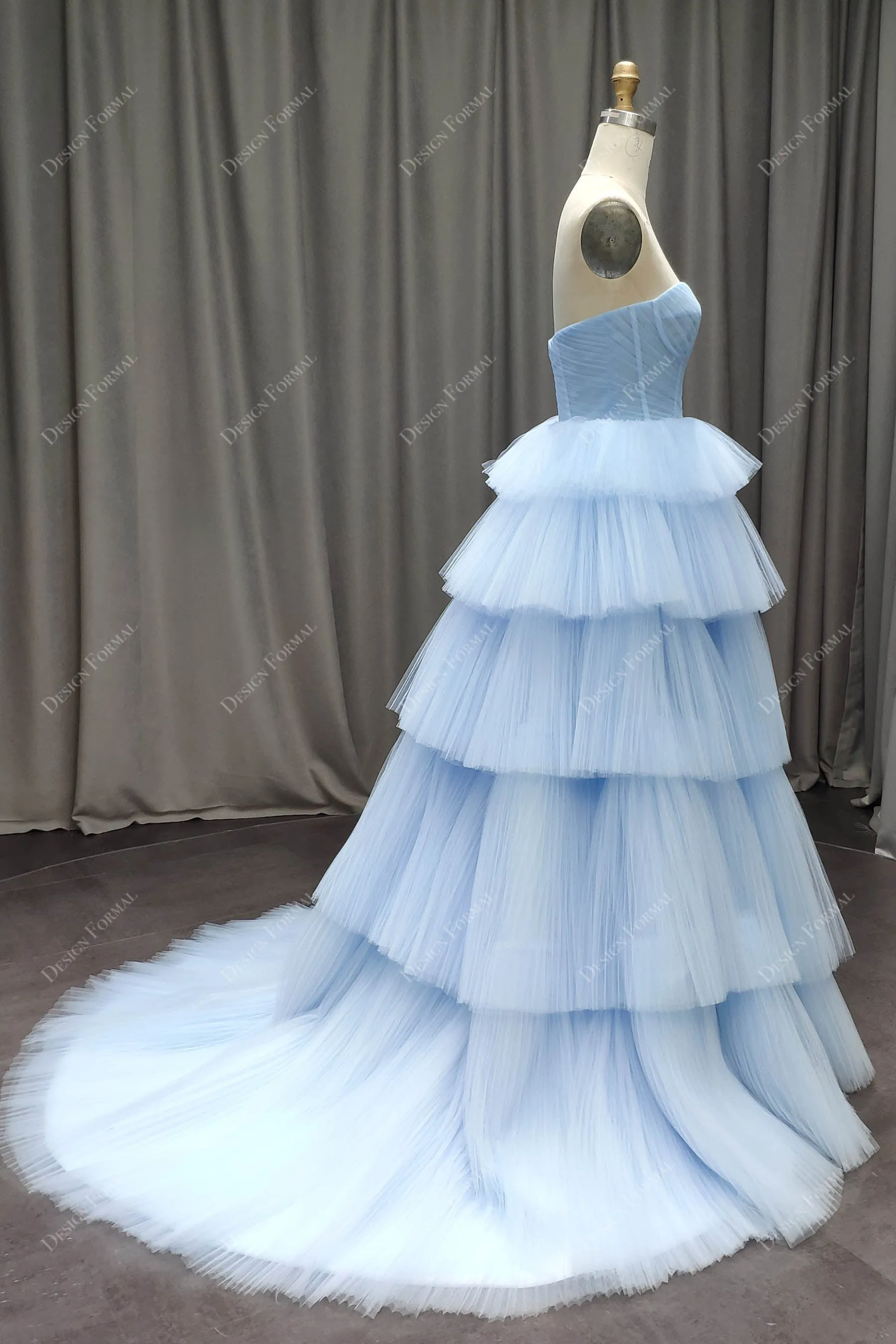 Sky Blue Tiered Pleated Tulle Elegant Corset Long Dress
