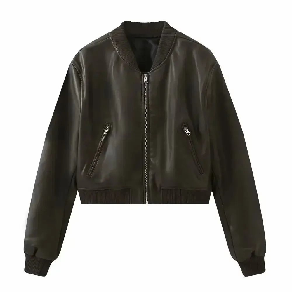 TAVIMART  -  Fashion Retro Pu Leather Bomber Jacket For Women Zipper Round Neck Long Sleeve Coats 2024 Chic New Female Commuting Streetwear