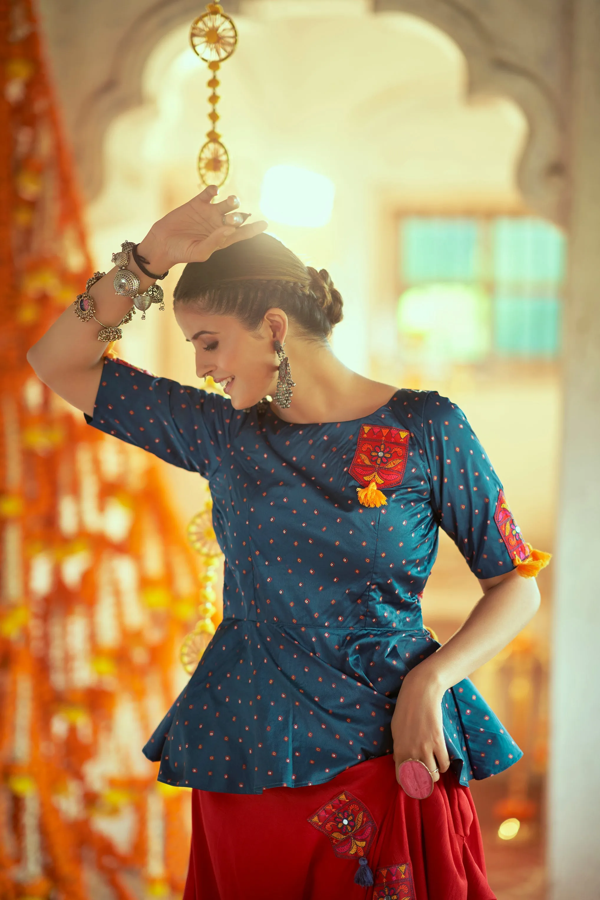 Teal Blue With Red Color Navratri Special Ready To Wear Crop top Lehenga