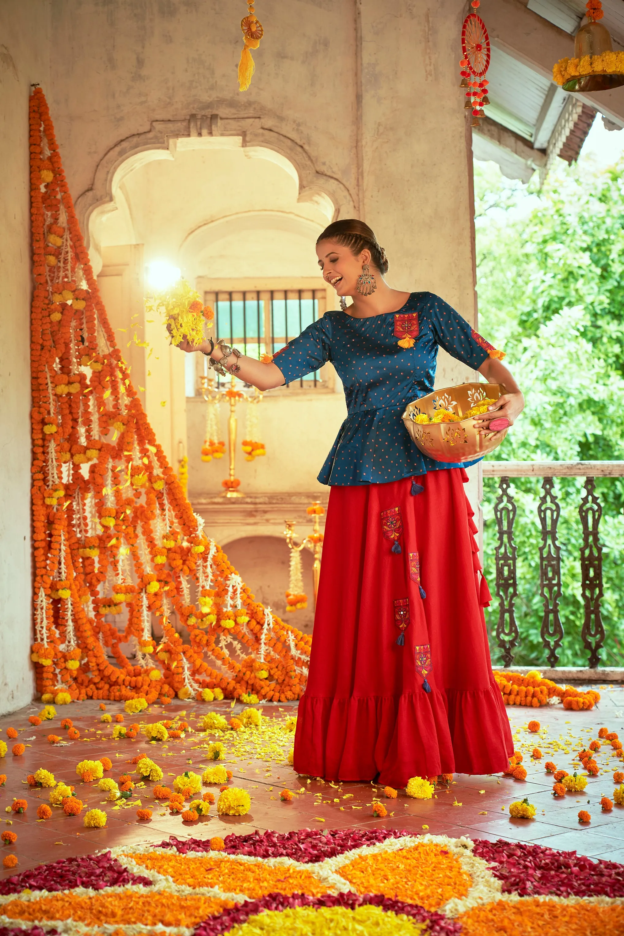 Teal Blue With Red Color Navratri Special Ready To Wear Crop top Lehenga