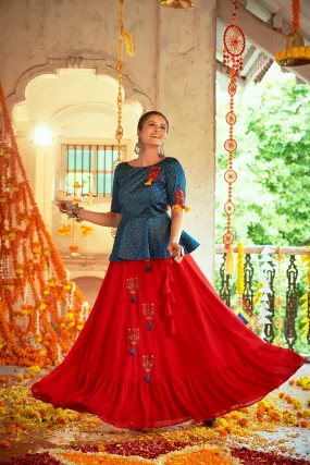 Teal Blue With Red Color Navratri Special Ready To Wear Crop top Lehenga
