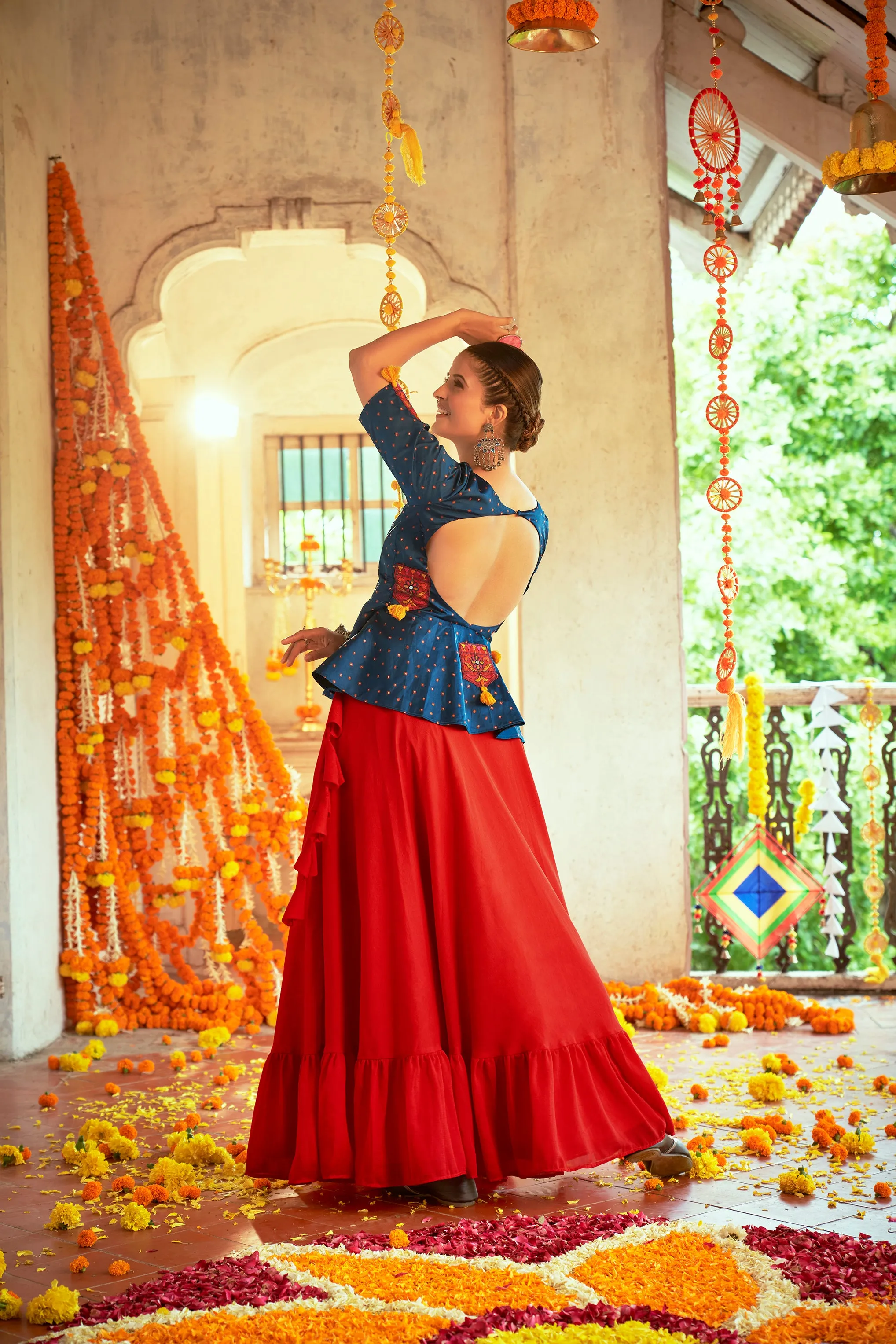 Teal Blue With Red Color Navratri Special Ready To Wear Crop top Lehenga