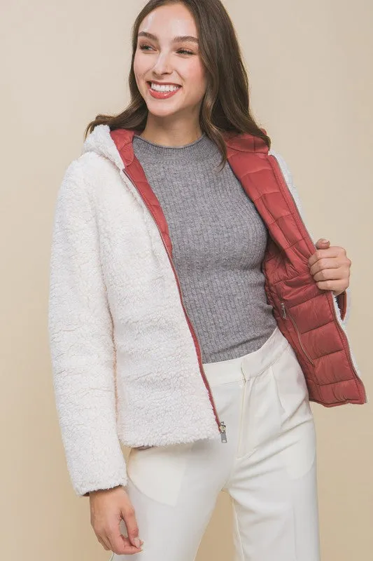 Terra Pink Reversible Faux Sherpa Fleece Puffer Hooded Jacket