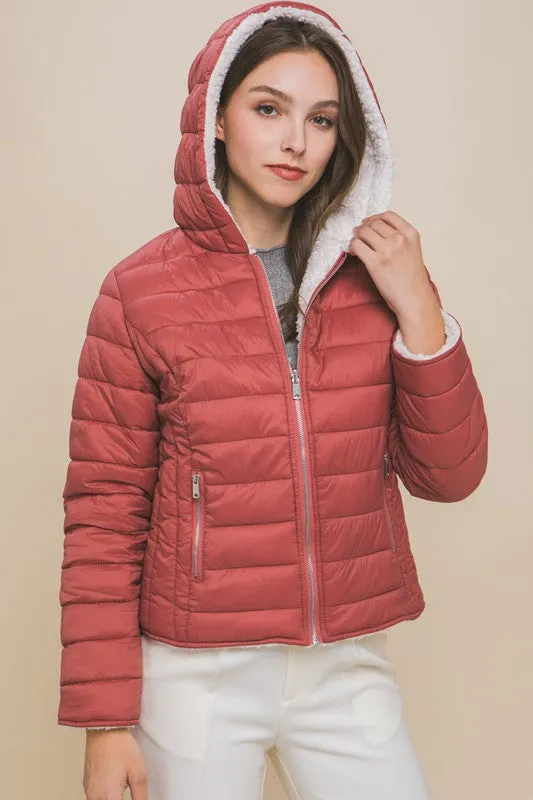 Terra Pink Reversible Faux Sherpa Fleece Puffer Hooded Jacket