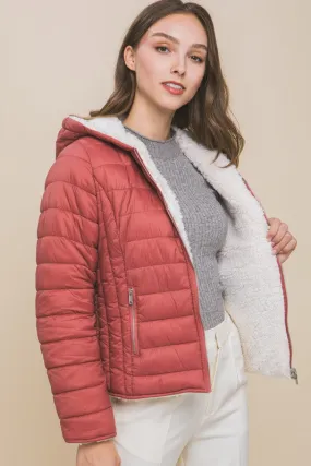 Terra Pink Reversible Faux Sherpa Fleece Puffer Hooded Jacket