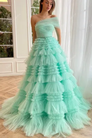 Turquoise Tiered Pleated Tulle One-shoulder Hand-made Celebrity Bridal Gown