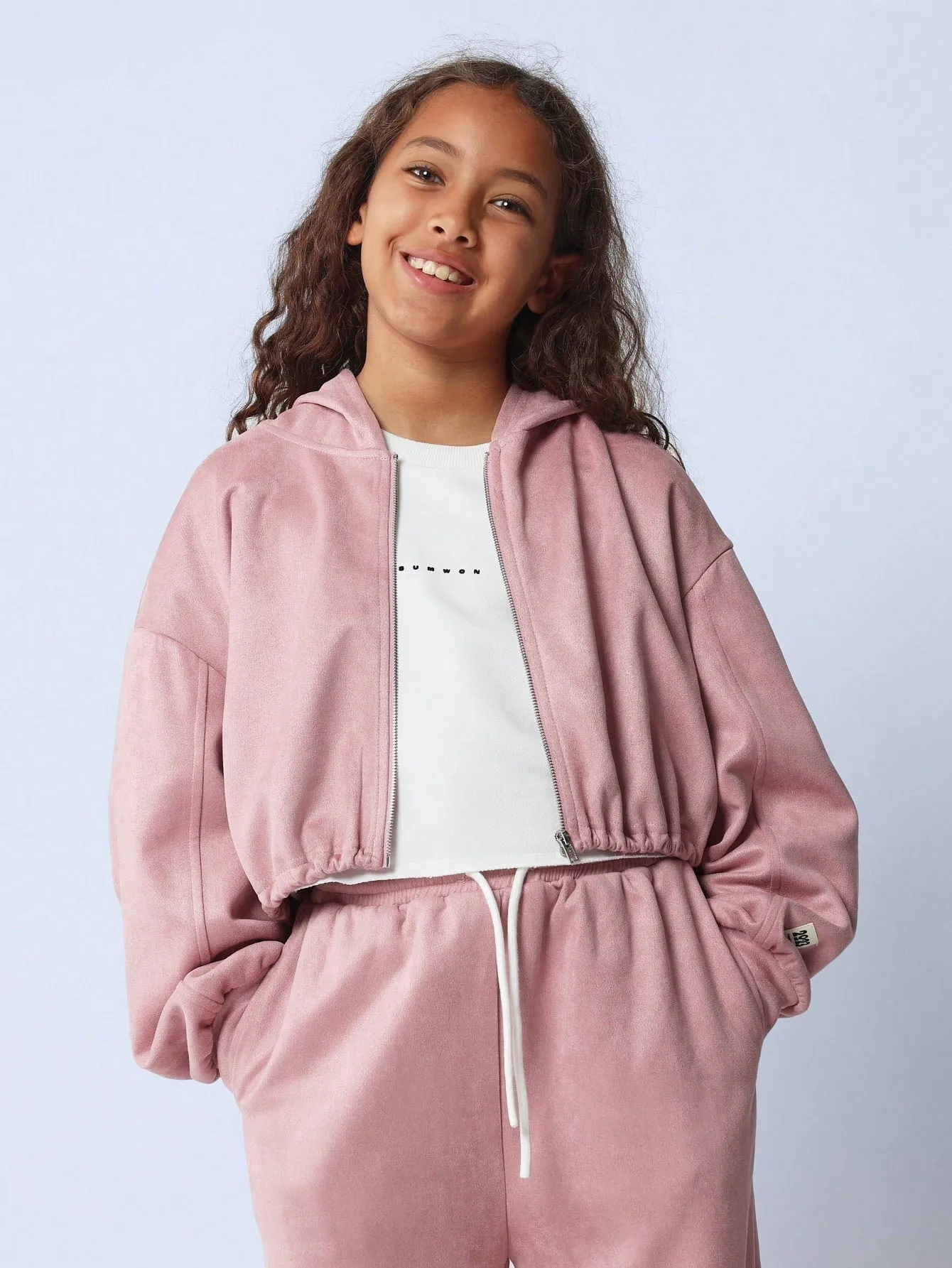 Tween Girls Comfy Essential Suedette Zip Through Elastic Hem Hoodie And Wide Leg Sweatpants 2 Piece Set