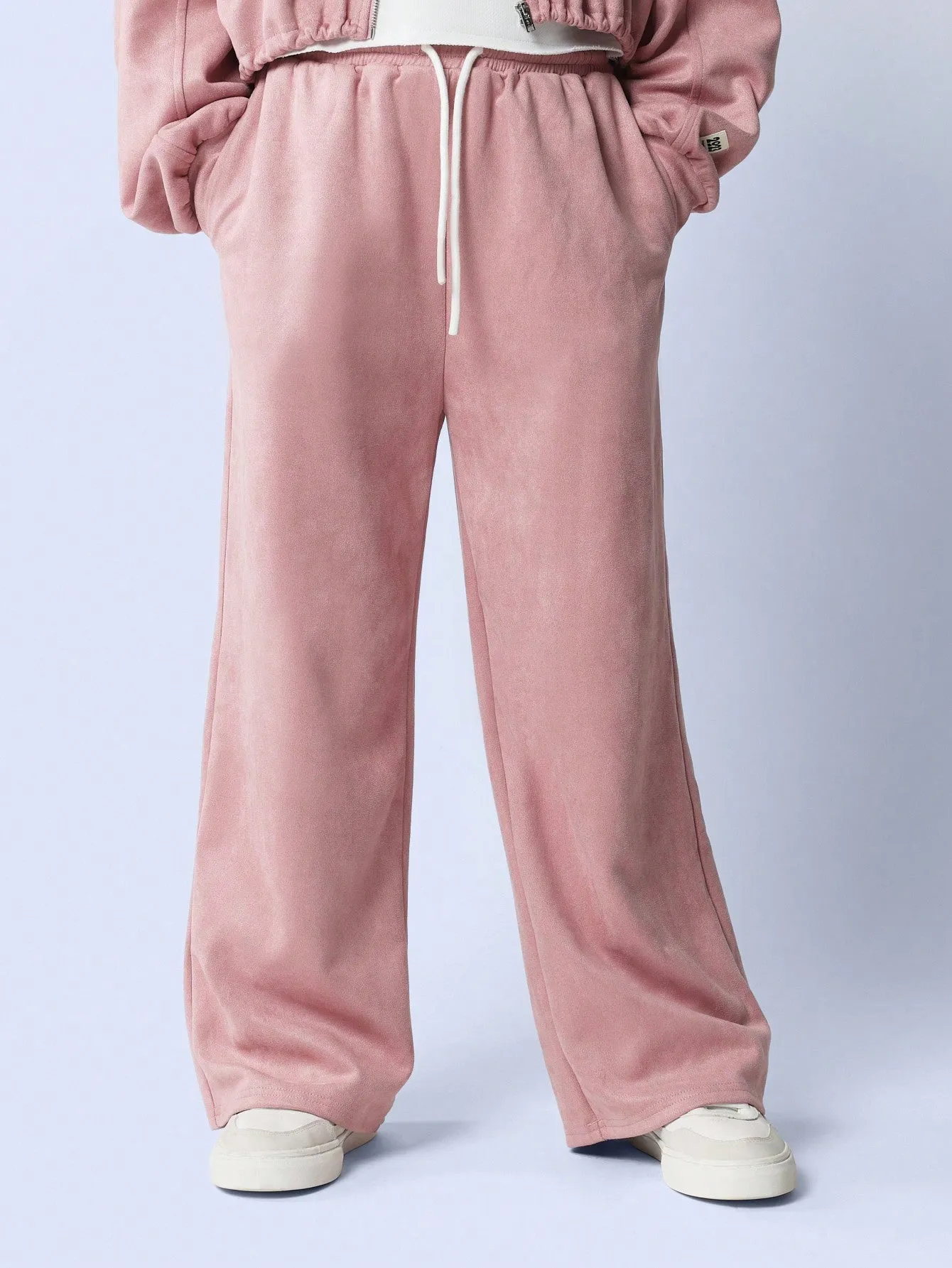 Tween Girls Comfy Essential Suedette Zip Through Elastic Hem Hoodie And Wide Leg Sweatpants 2 Piece Set