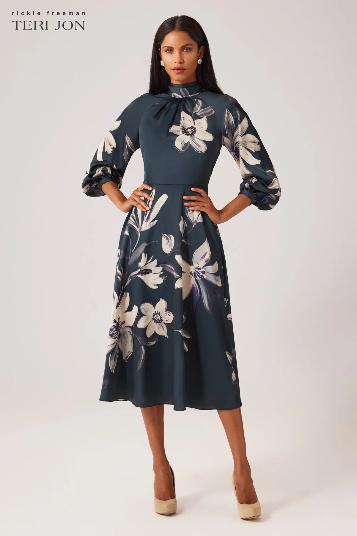 Twill Floral Print Tie Neck Dress