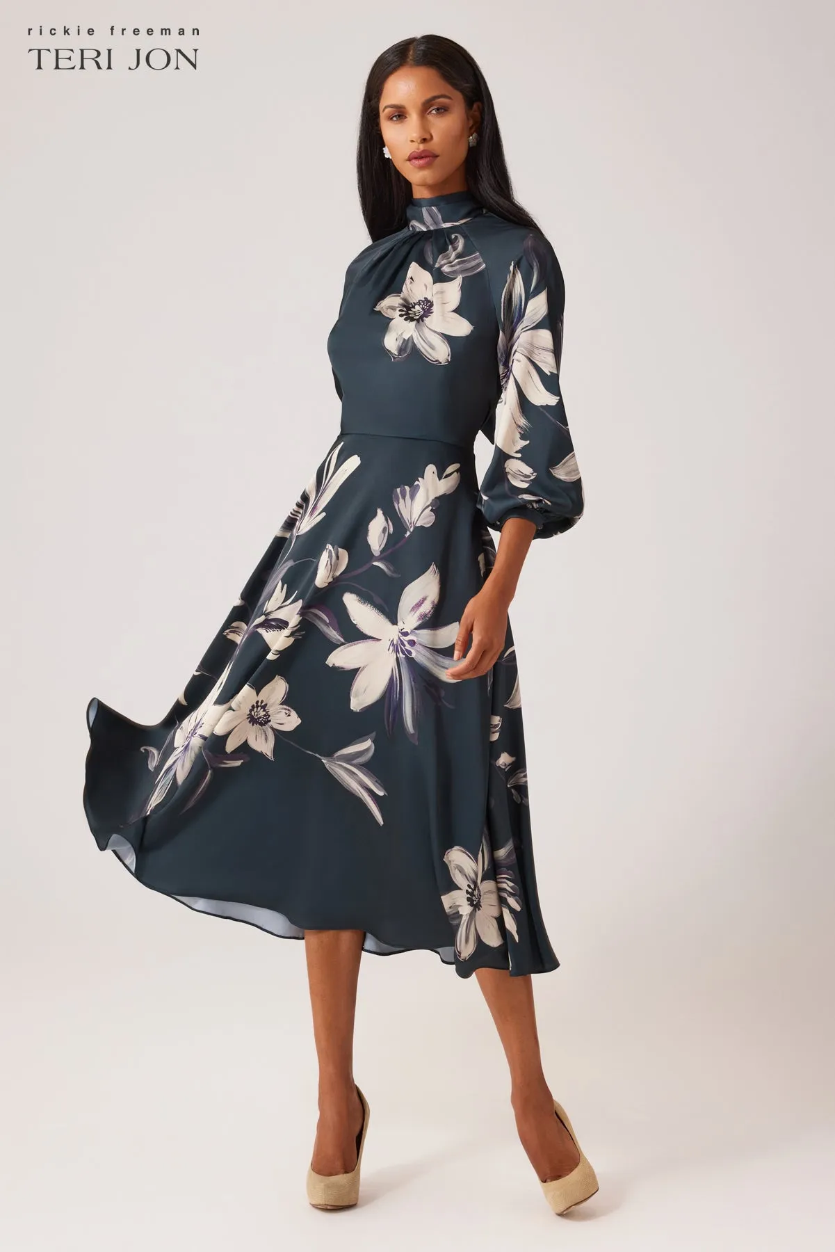 Twill Floral Print Tie Neck Dress