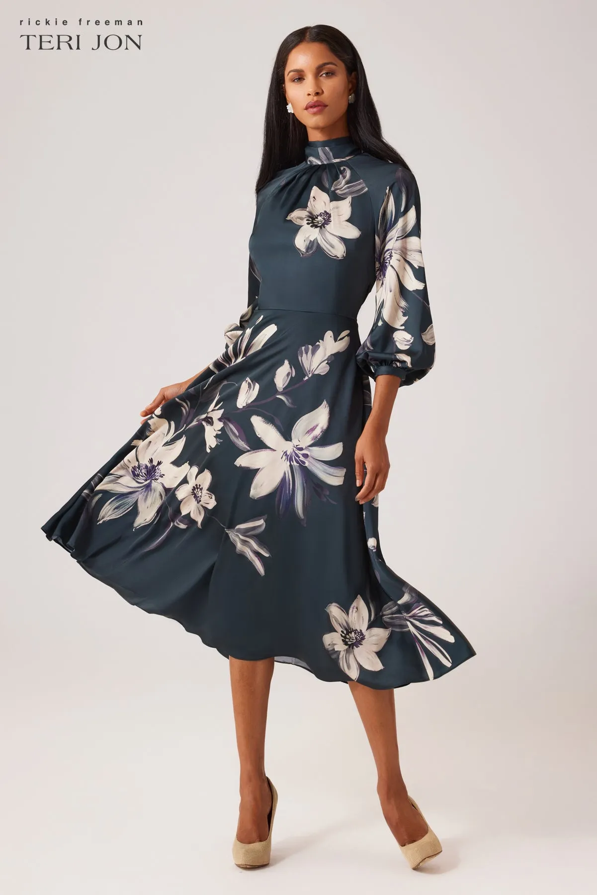 Twill Floral Print Tie Neck Dress
